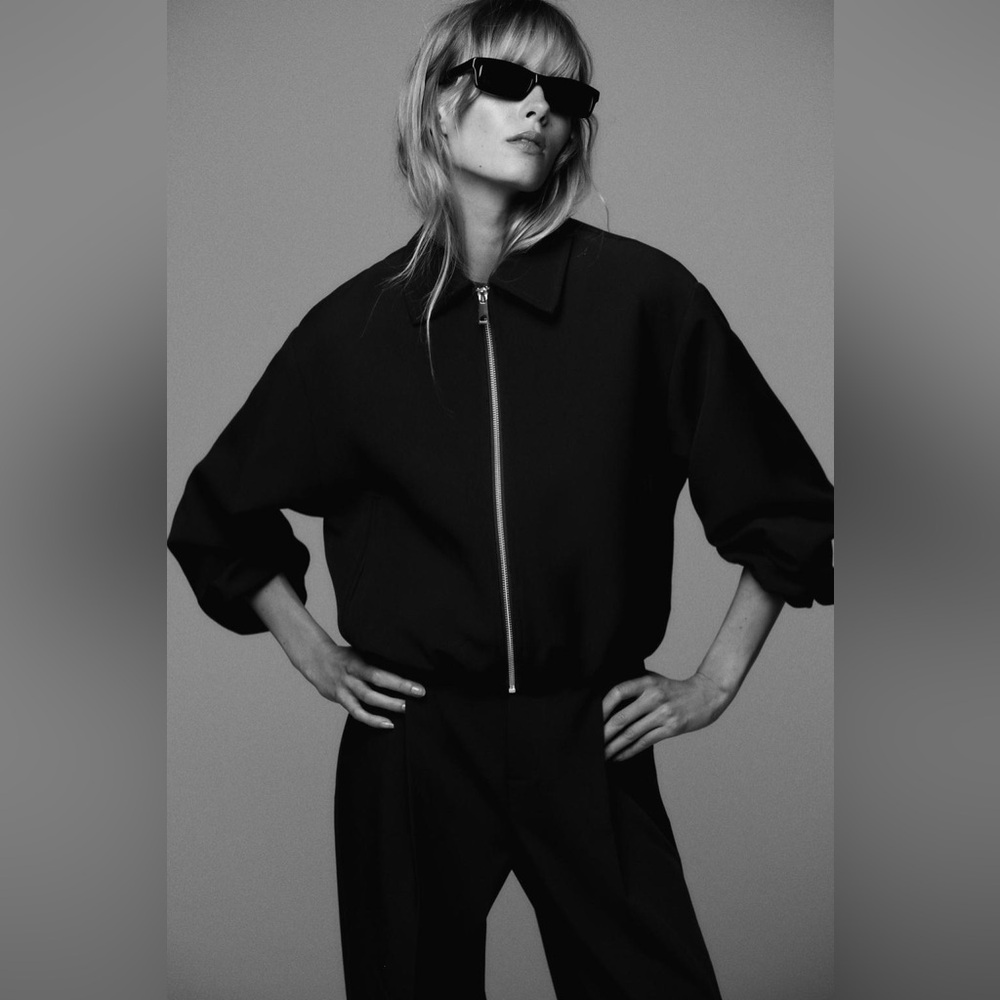 NWT Zara Puff-Sleeve Black Bomber Jacket